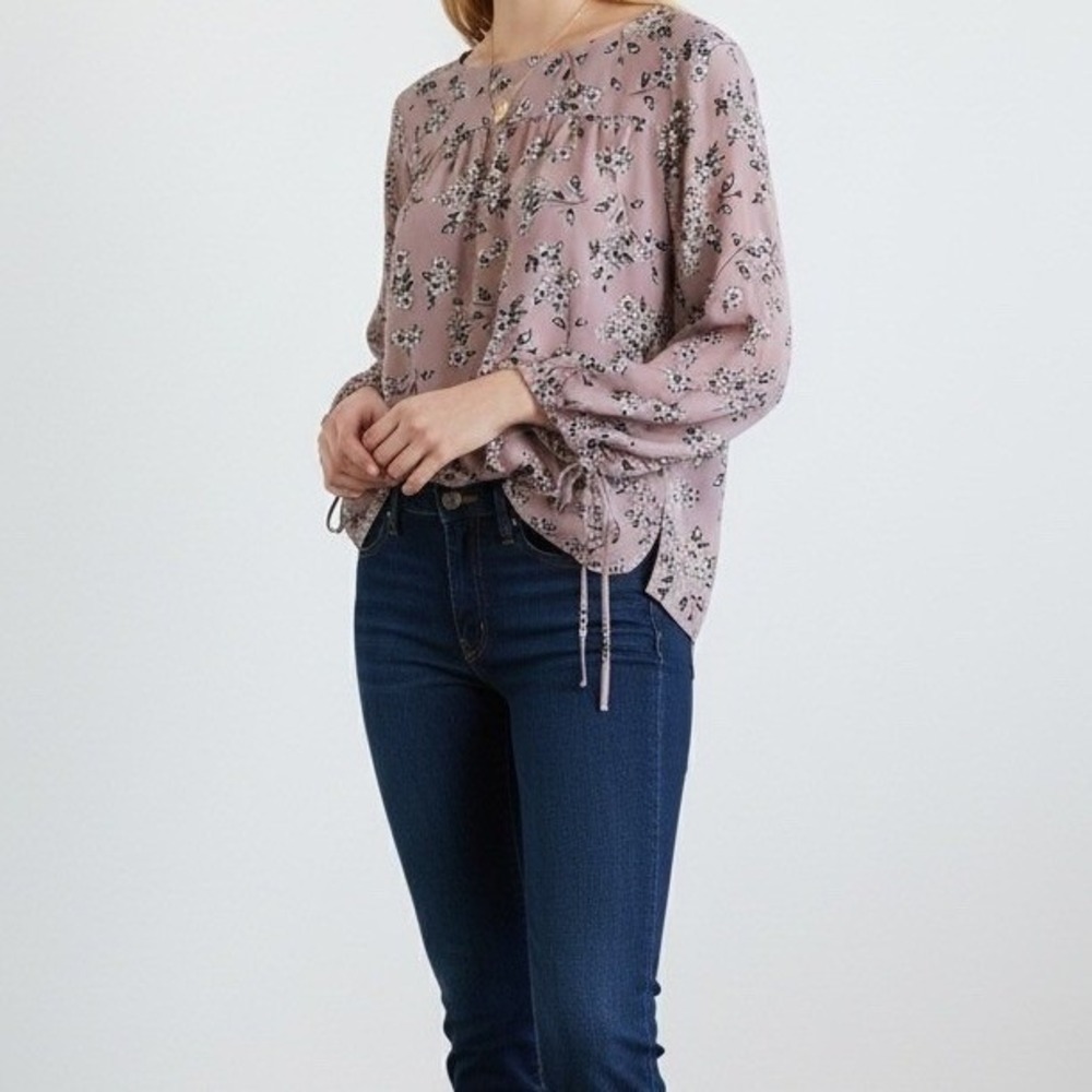 Loft Outlet Floral Long Sleeve Blouse Womens‎ S Lavender Purple Tie Cuff  Top